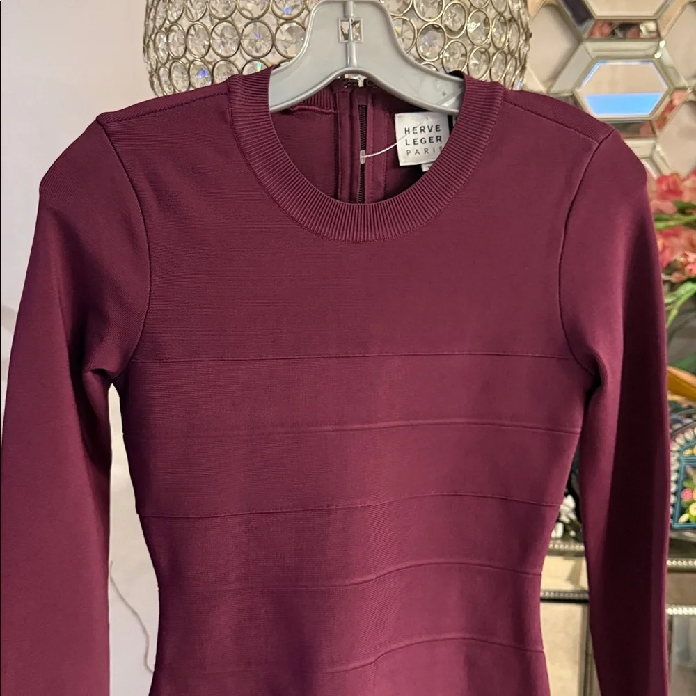 Herve Leger Paris Long Sleeve Bodycon Dress in Burgundy size M new - Picture 12 of 14